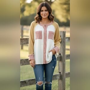 NWT Easel Mustard Cream and Pink Button-Down Top Size L